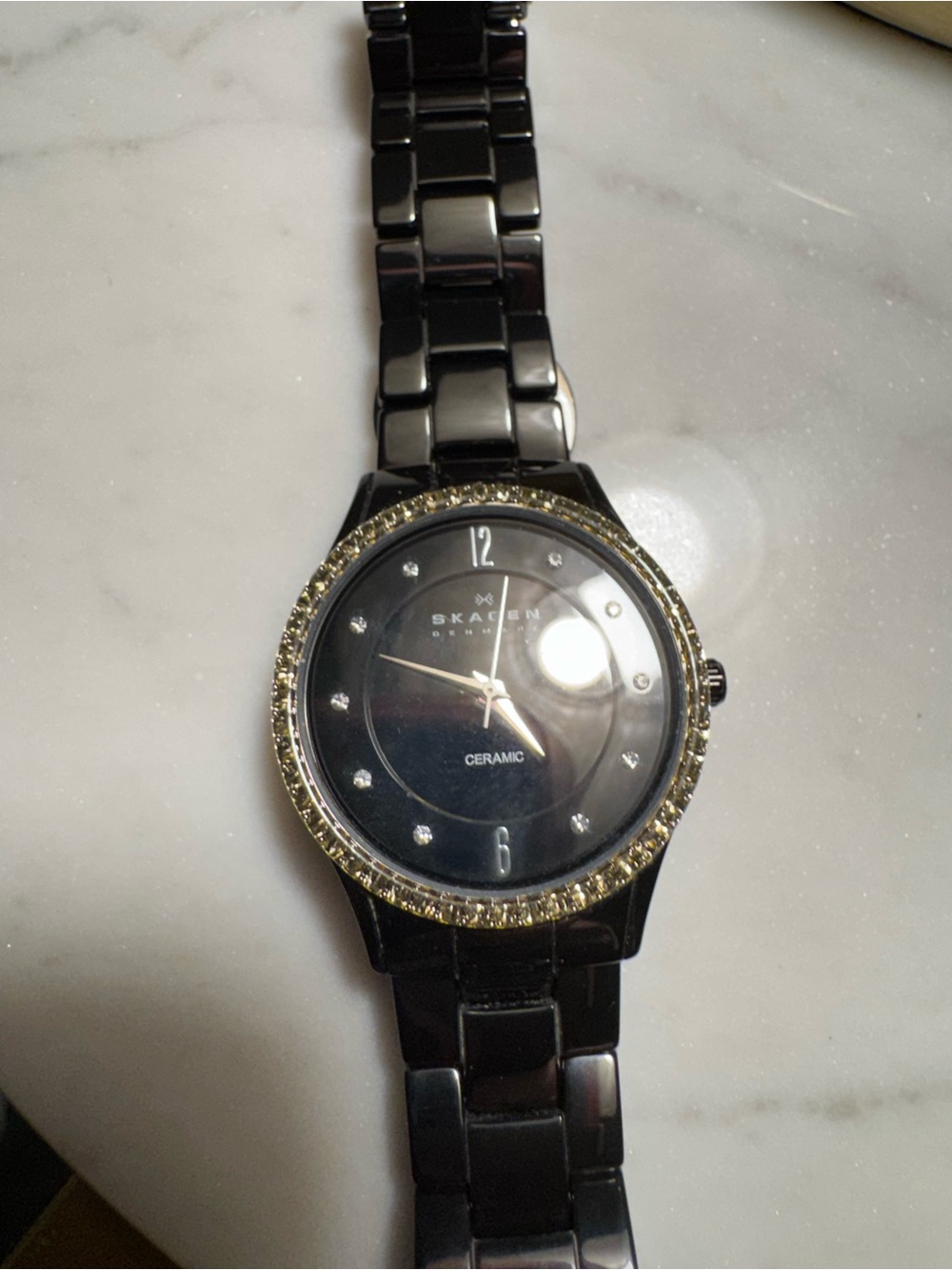 Skagen Black Ceramic Rhinestone Dial  Quartz Dress Woman’s Watch